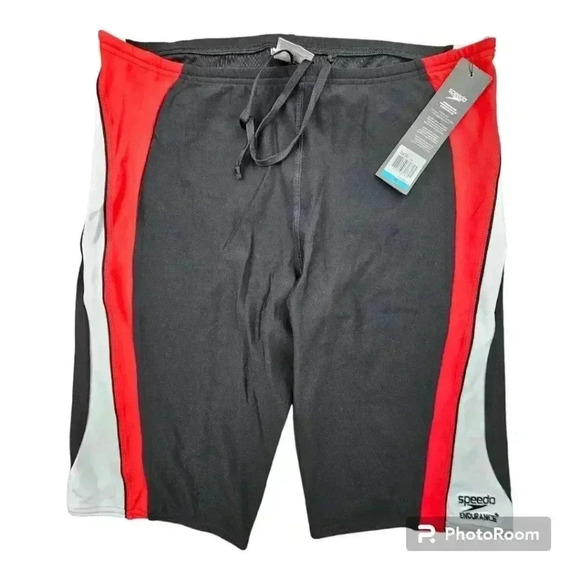 Mens Speedo Endurance Train III Tech Jammer Swim Trunks Black,Red &White Sz 36 - Picture 1 of 9